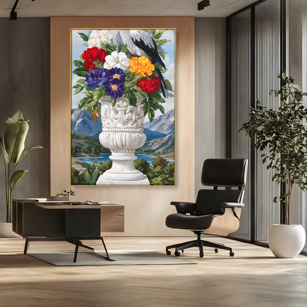 Tablou canvas cu tablou canvas cu papagal si vaza cu flori, in rama de aluminiu auriu, pe perete intr-un birou